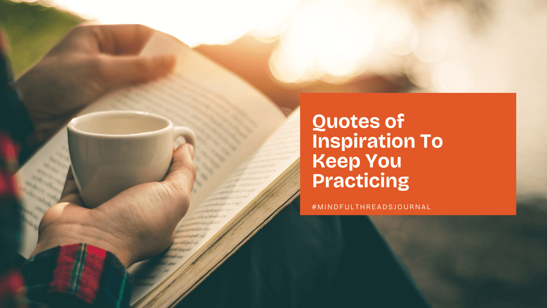 Person holding a coffee and book with inspiring quotes to stay motivated in yoga practice.