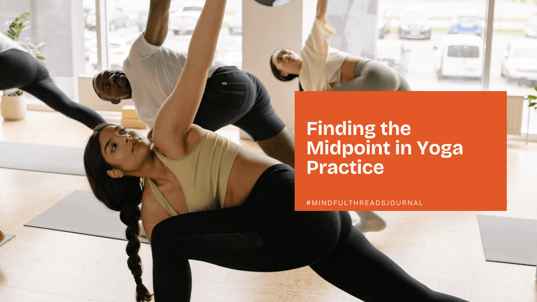 "Group yoga session focusing on balance and flexibility, highlighting finding the midpoint in practice."