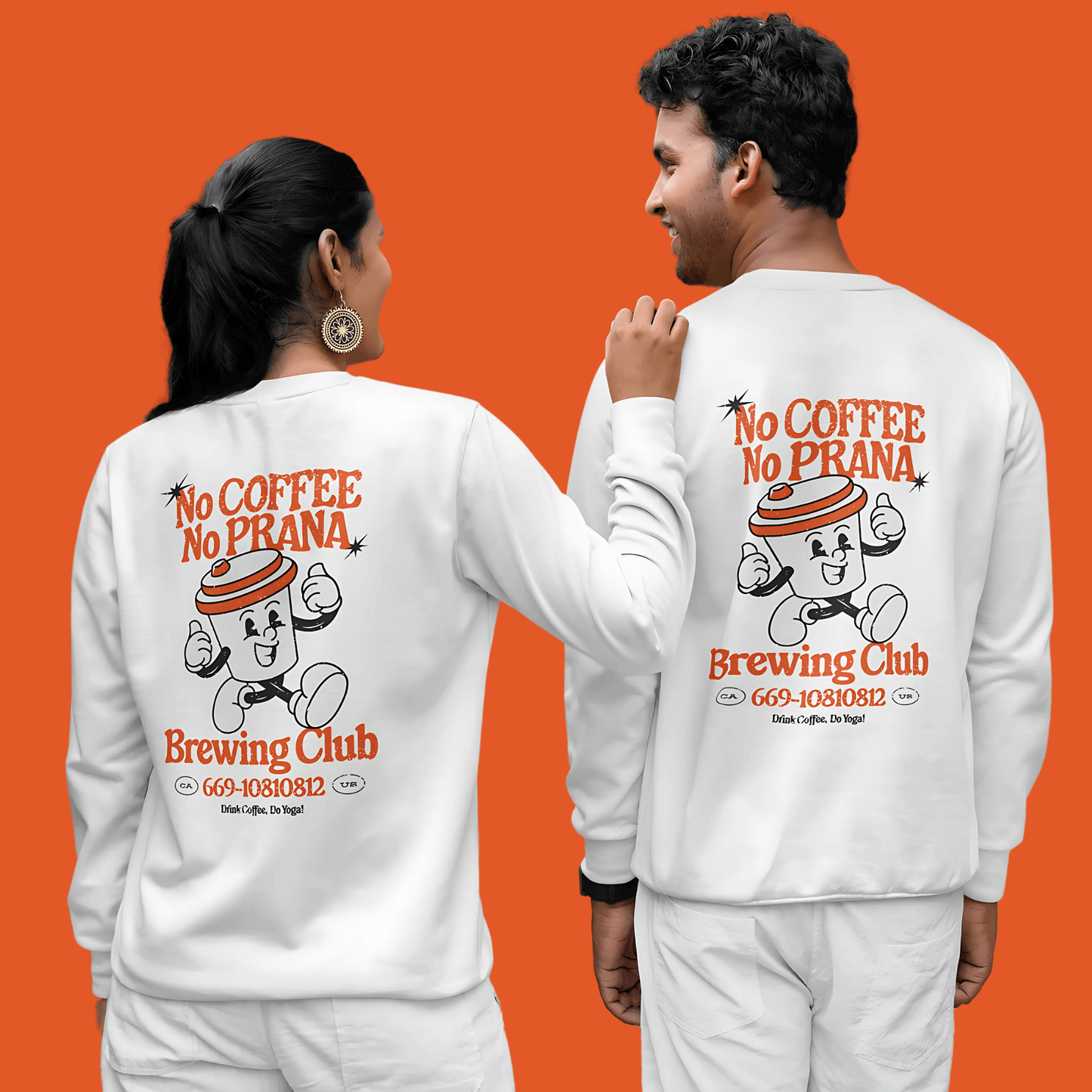 Unisex sweatshirt with "No Coffee No Prana" design, perfect for yoga and coffee lovers, shown on two people against an orange background.