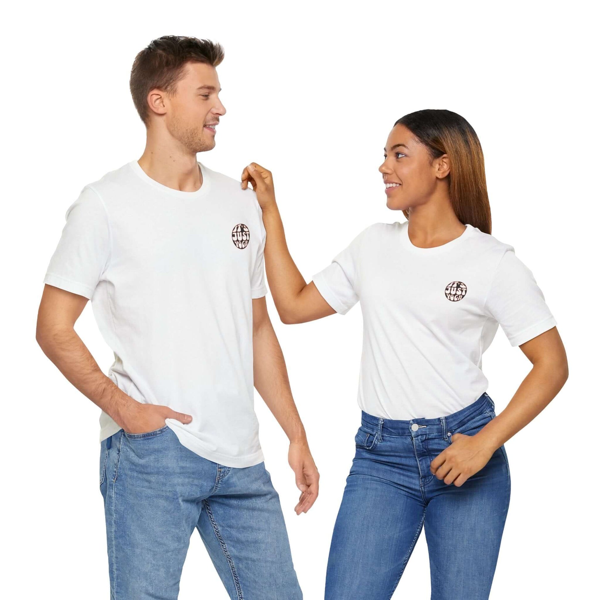 Unisex Yoga Tee with a playful vibe, worn by a smiling couple in casual jeans, perfect for yoga and mindfulness enthusiasts.