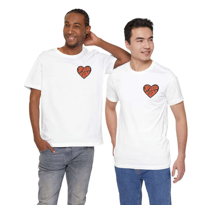 Two men wearing "Spread the Yoga Love" unisex tees with heart design, showcasing casual style and comfort for yoga and mindfulness enthusiasts.