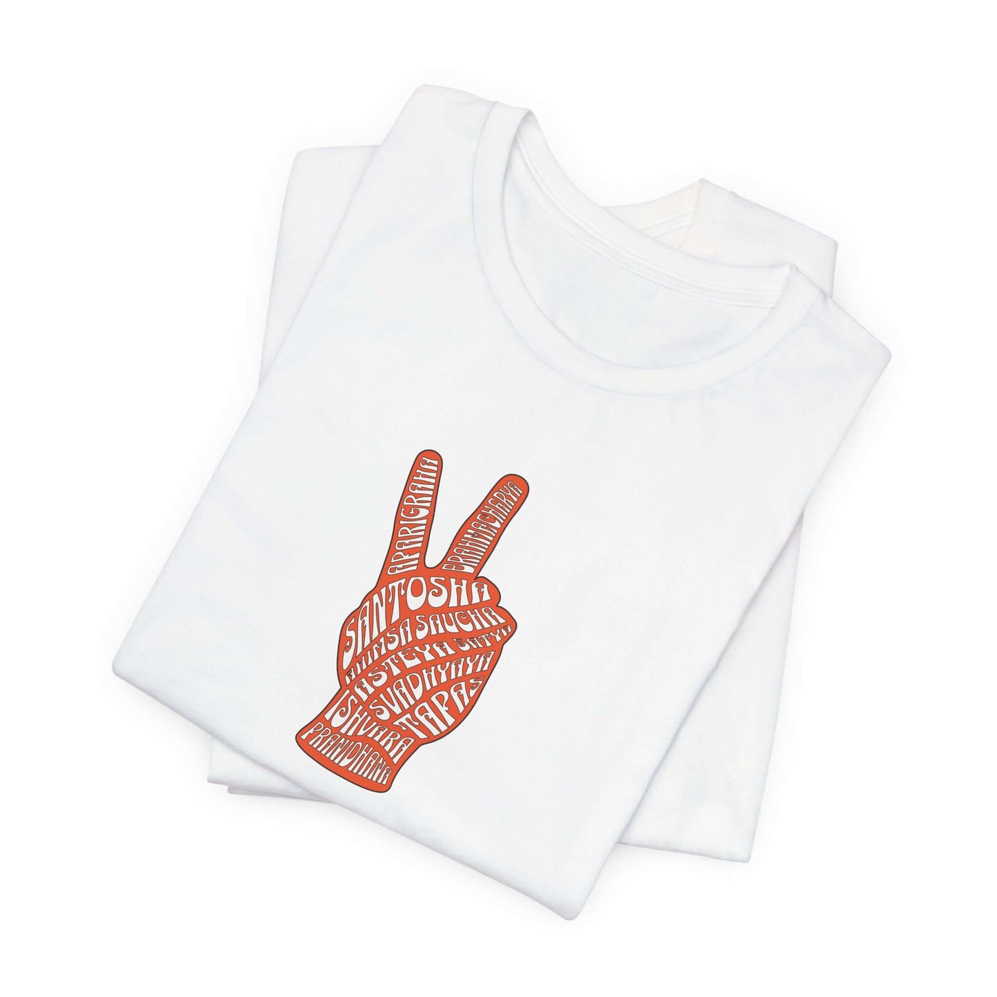 Unisex white tee with peace sign design featuring yamas and niyamas, perfect for yoga enthusiasts and casual wear.