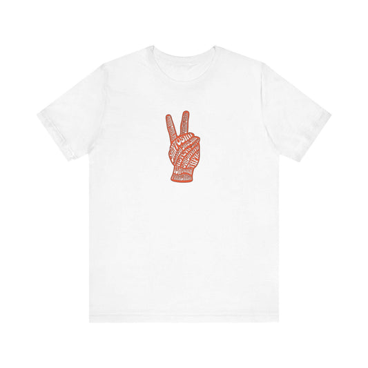 Yamas and Niyamas Unisex Tee with peace hand design, perfect for yoga enthusiasts, made from lightweight cotton, ideal for activewear.