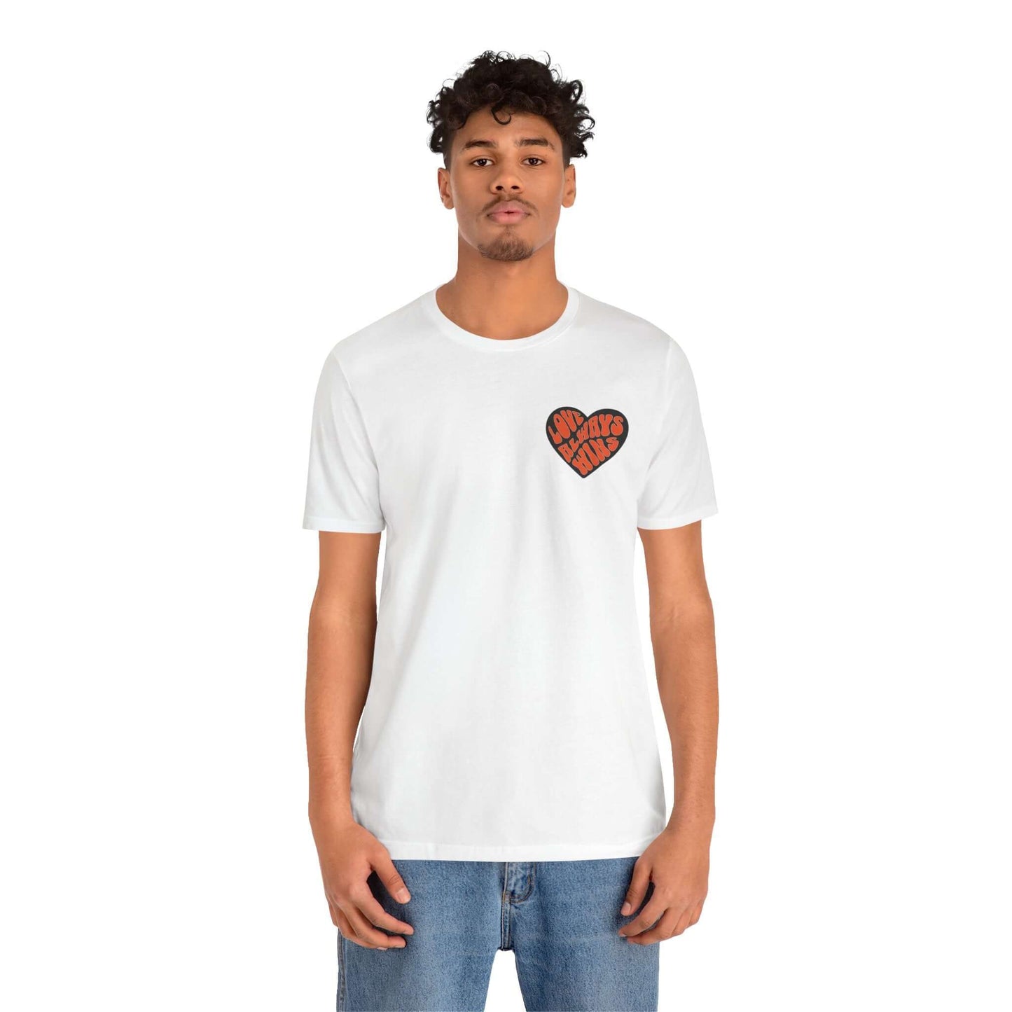 Unisex yoga t-shirt with heart design, perfect for spreading love and acceptance, made from 100% Airlume combed cotton.