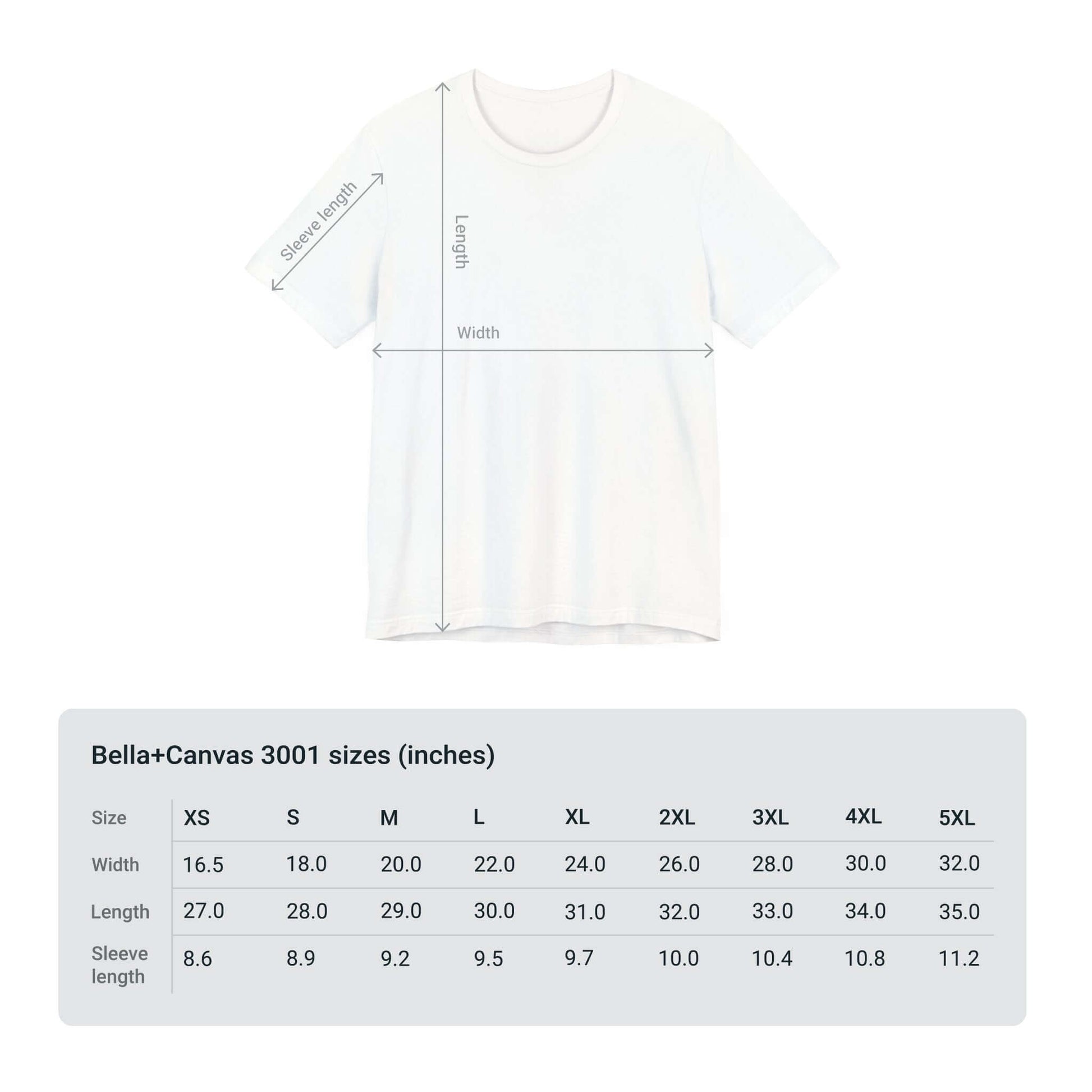 Size chart and dimensions for Bella+Canvas 3001 unisex T-shirt, showing width, length, and sleeve length for sizes XS to 5XL.