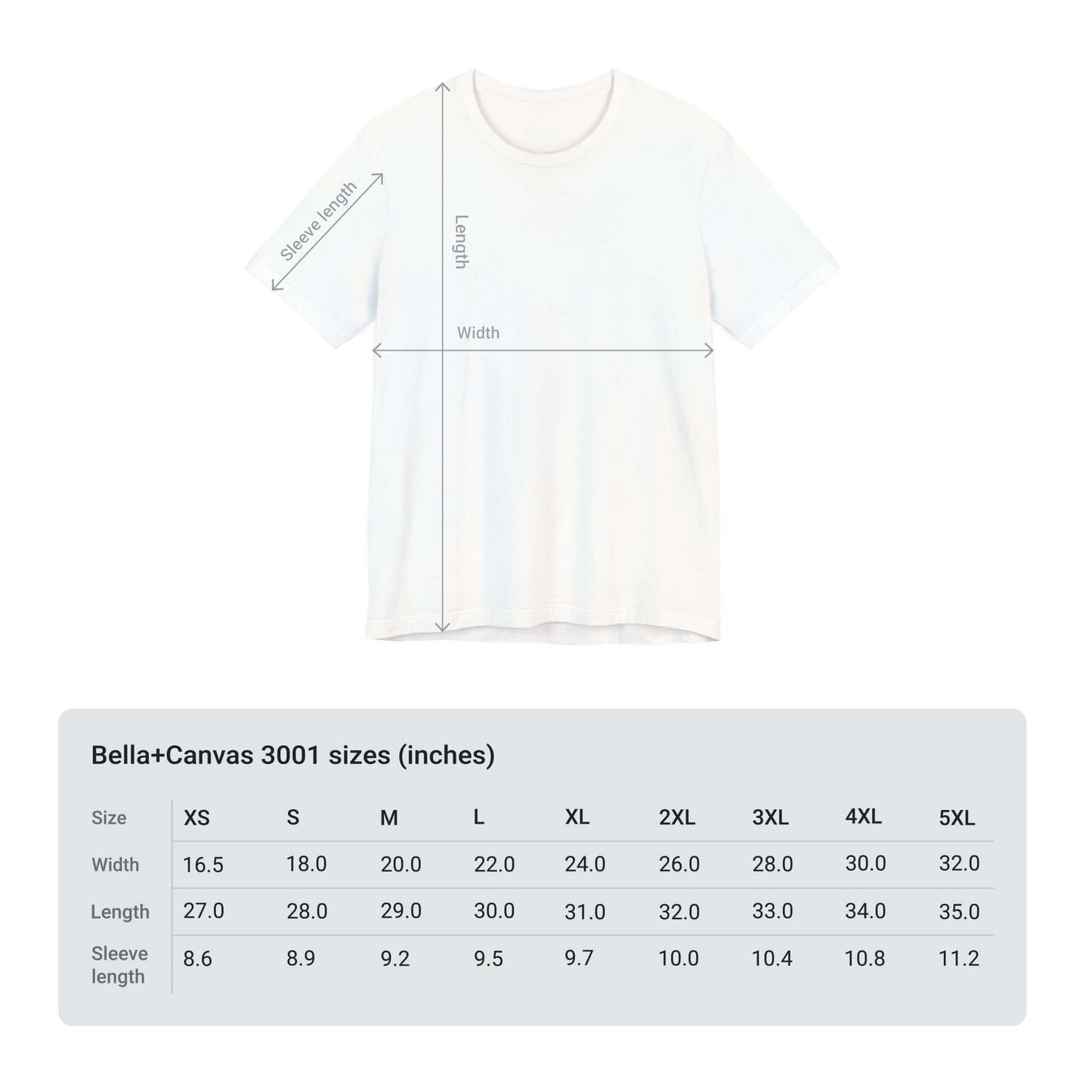 Bella+Canvas 3001 unisex tee size chart with measurements for XS to 5XL, showcasing width, length, and sleeve length.