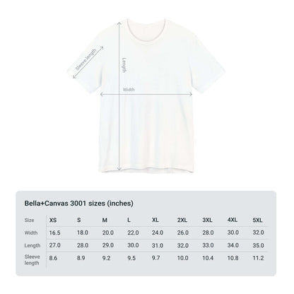 "Size chart for Bella+Canvas 3001 t-shirt with detailed measurements in inches for XS to 5XL sizes."