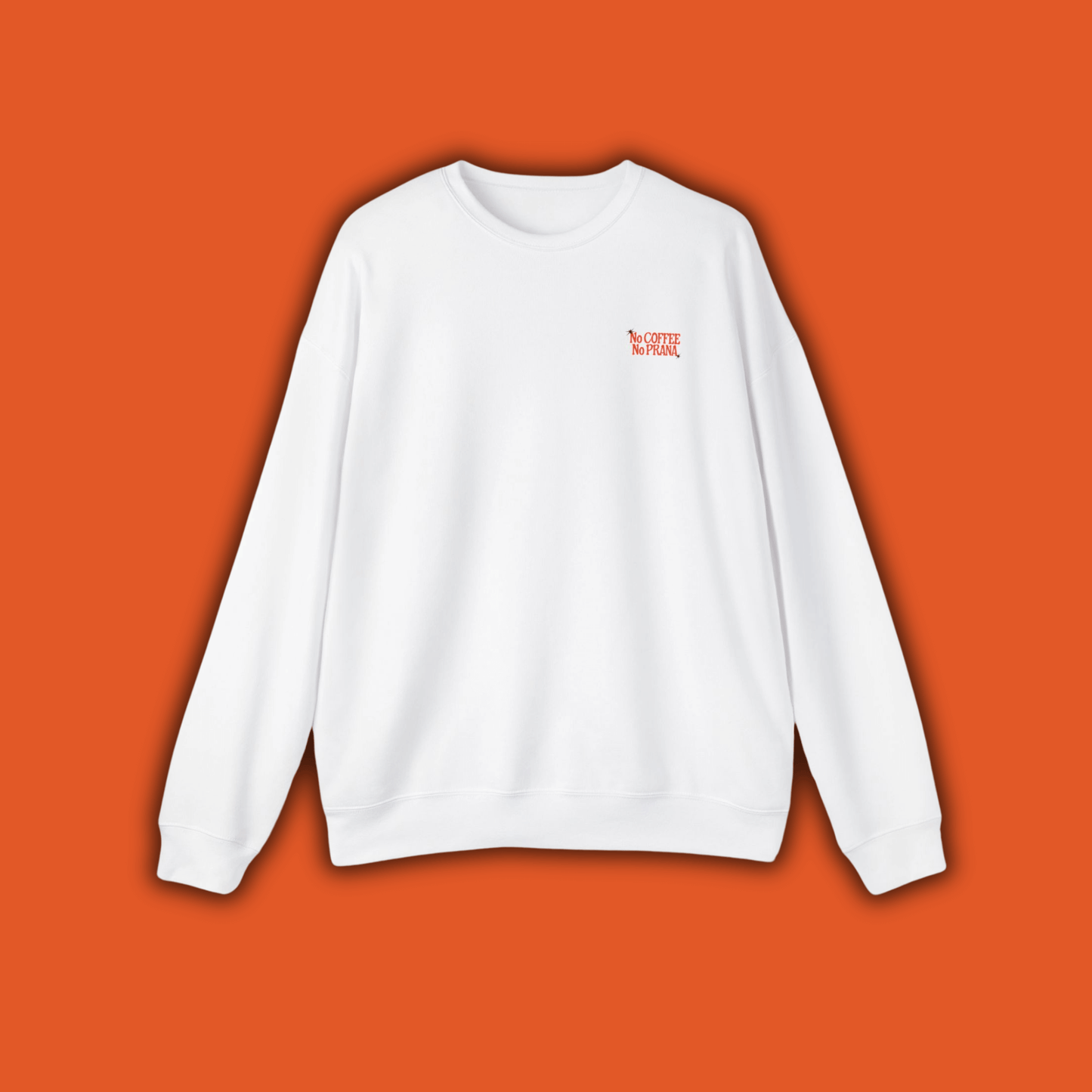 White Prana Brewing Club unisex sweatshirt on orange background, ideal for yoga or coffee lovers seeking cozy style.