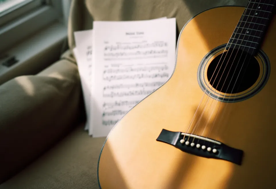 A steel-string acoustic guitar leaning on a sofa beside sheet music