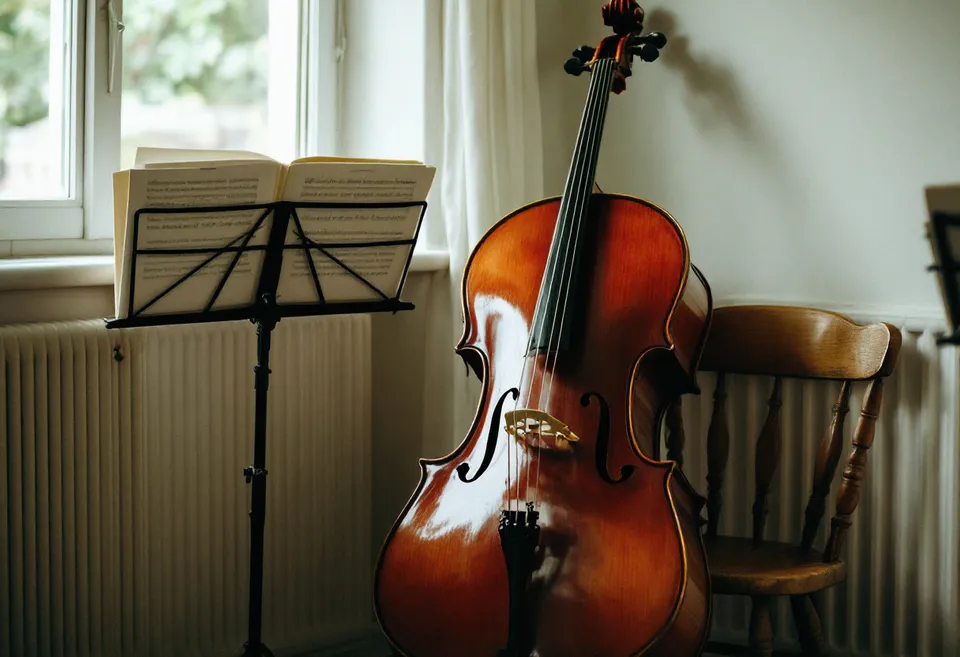A cello leaning against a chair beside a music stand