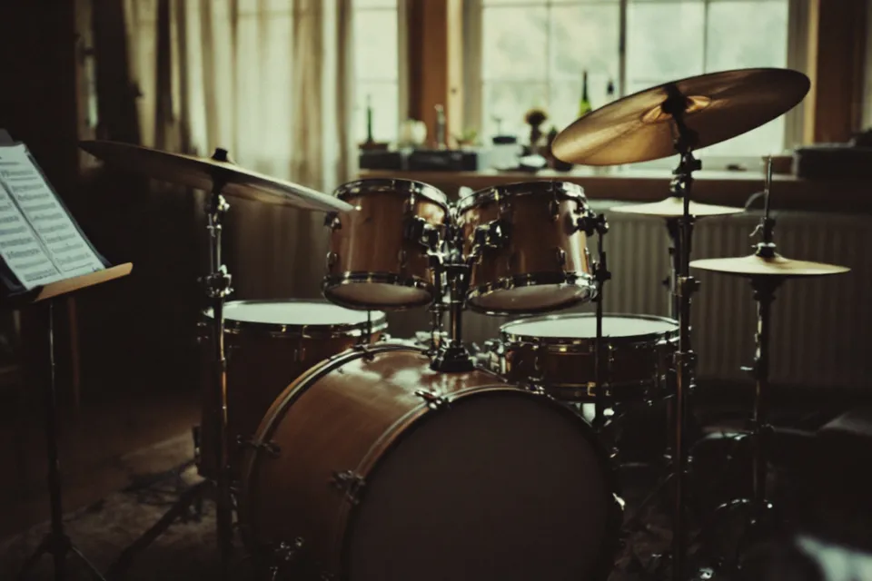 A drum kit in a practice room