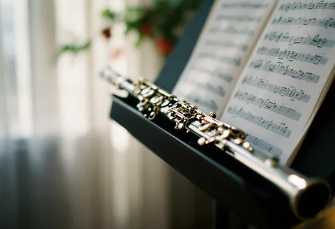 A flute on a music stand with sheet music