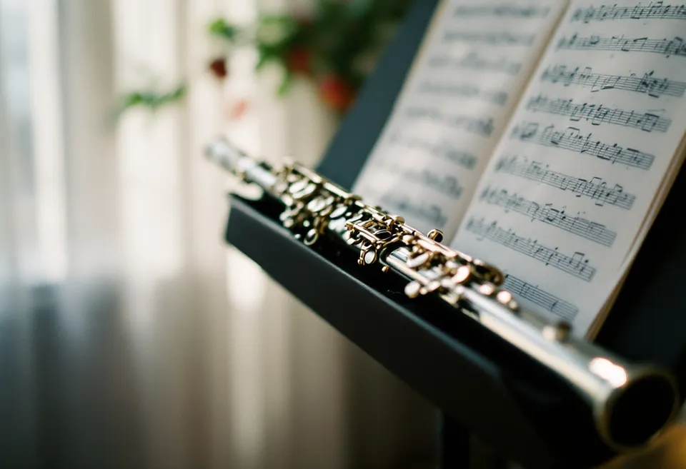 A flute on a music stand with sheet music