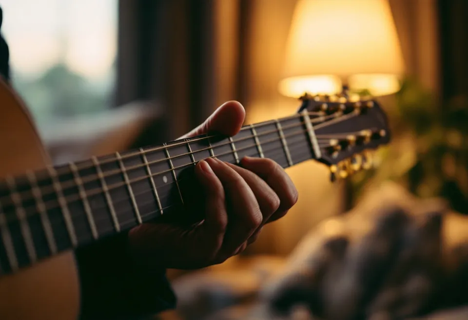 A hand pressing a chord on an acoustic guitar