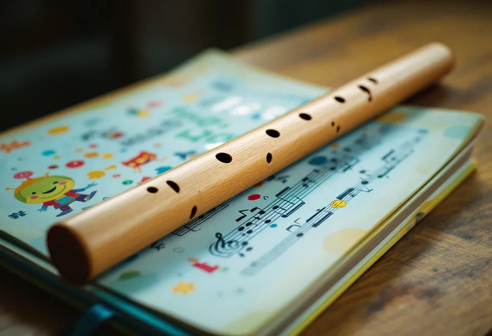 A wooden recorder lying on a children's music book