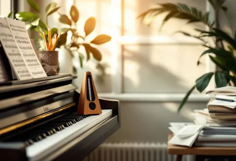 A teacher's studio with an upright piano and metronome