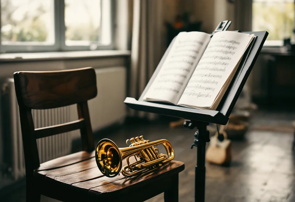 A trumpet on a chair beside a music stand