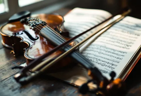 A violin and bow resting on sheet music